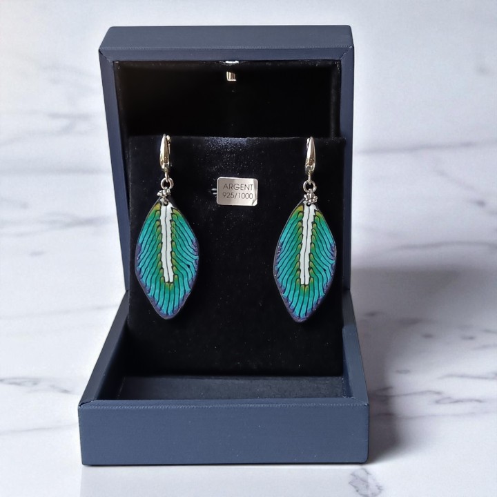 Boucles d'oreilles, pendants, pièce unique, artisan créateur, argile polymère, fimo, art, finesse, passion, délicatesse, plume