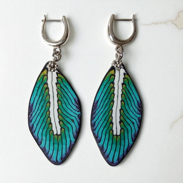 Boucles d'oreilles, pendants, pièce unique, artisan créateur, argile polymère, fimo, art, finesse, passion, délicatesse, plume