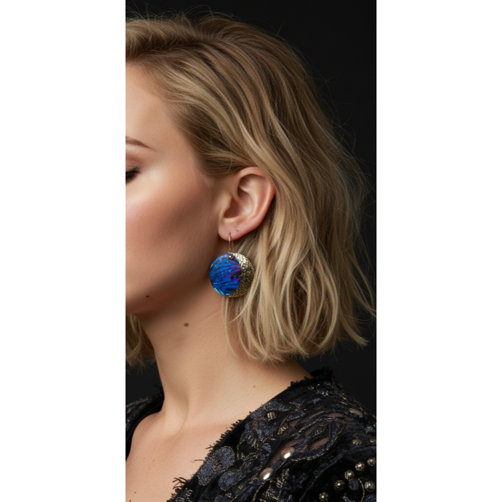 Boucles d'oreilles pendants rondes Lune bleu et or pièce unique artisan créateur argile polymère - Alice Fermi